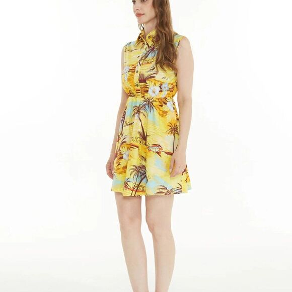 Hawaii Hangover Tropical Yellow Sleeveless Collared shirt Dress turtles! Small - Picture 4 of 10